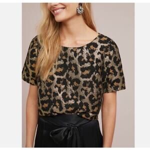 HUTCH Anthropologie Metallic Leopard Print Blouse Bow Back Black Gold Size XS